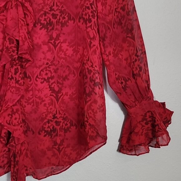 Vintage Chicos Sheer 100% Silk Button Up Shirt Size M/L Red Ruffle Goth Vamp Y2K - Picture 9 of 14